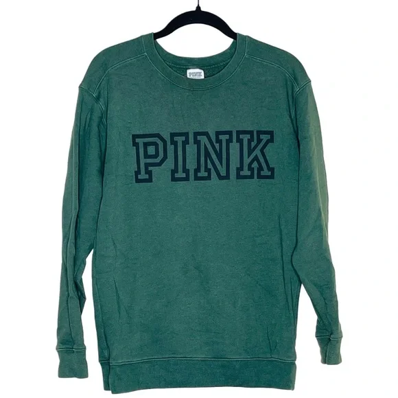 Victoria's Secret PINK Campus Sweatshirt Pullover Green Black Letters Logo - Picture 1 of 3